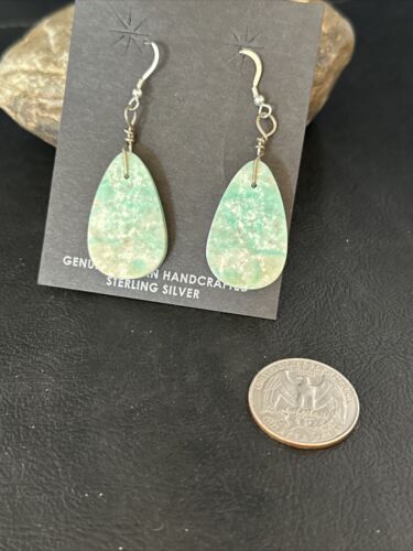 Southwestern Navajo Slab Turquoise Dangle Earrings | Sterling Silver | Authentic Native American Handmade | 01354