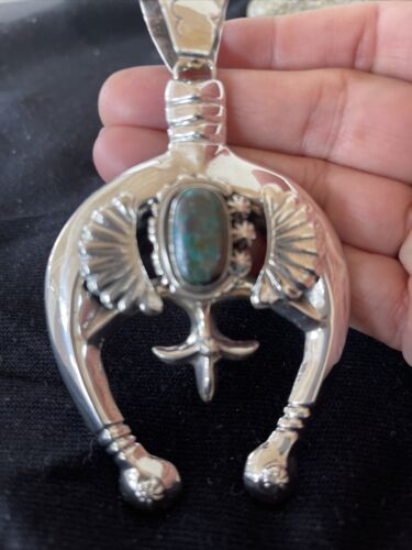 Navajo Pearls Sterling Silver Bisbee Turquoise Naja Pendant Necklace | Authentic Native American Handmade | 01058