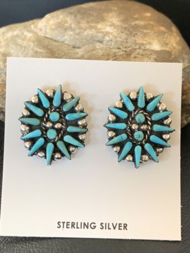 Navajo Blue Cluster Turquoise Stud Post Earrings | Sterling Silver | Authentic Native American Handmade | 12302