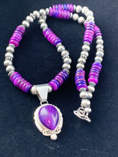 Women's Navajo Necklace with Purple Sugilite Pendant | Sterling Silver | Authentic Native American Handmade | 1628