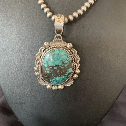 Men's Navajo Blue Spiderweb Turquoise Pendant Necklace | Sterling Silver | Authentic Native American Handmade | 10234