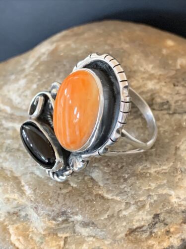 Navajo Black Onyx Orange Spiny Oyster Multi-Stone Ring | Authentic Native American Sterling Silver | Sz 11 | 02168