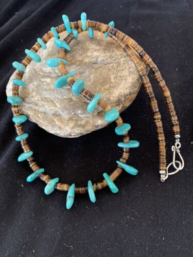 Navajo Blue Turquoise Bone Bead Necklace | Sterling Silver | 20" | Authentic Native American Handmade | 00301