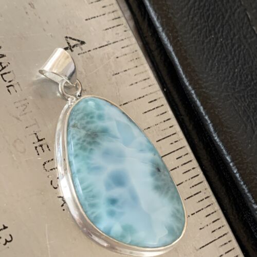 Navajo Sterling Silver Beads Necklace | Blue Larimar Pendant | Authentic Native American Handmade | 10675
