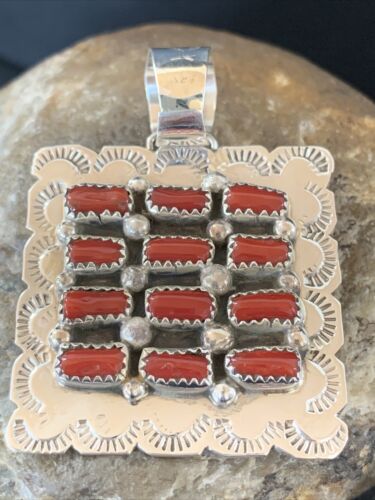 Navajo Red Coral and Multi-Stone Cluster Pendant | Authentic Native American Sterling Silver | 2" | 2100