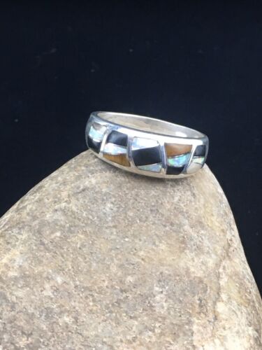 Navajo Sterling Silver Opal, Black Onyx & Tigers Eye Inlay Ring | Sz 11 | Authentic Native American Handmade | 01602