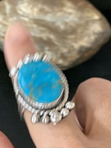 Navajo Blue Kingman Turquoise Ring | Sterling Silver | Sz 8.5 | Authentic Native American Handmade | 13378