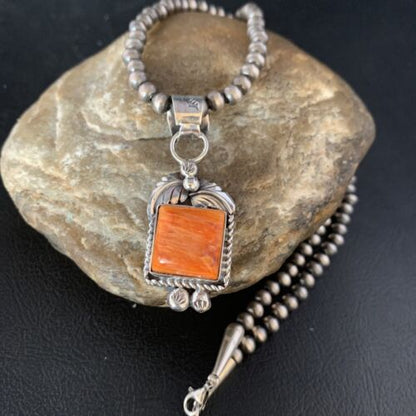 Navajo Orange Spiny Oyster Pendant | Sterling Silver | Authentic Native American Handmade | 13640