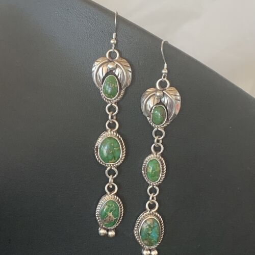 Navajo Sterling Silver Dangle Earrings | Green & Sonoran Gold Turquoise | Authentic Native American Handmade | 1213