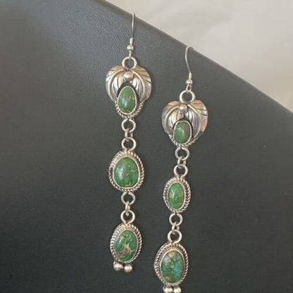 Navajo Sterling Silver Dangle Earrings | Green & Sonoran Gold Turquoise | Authentic Native American Handmade | 1213