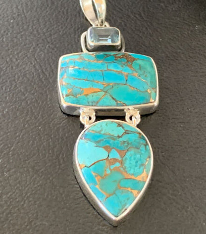 Navajo Blue Topaz Mojave Turquoise Pendant | Authentic Native American Sterling Silver | Multi-Stone | 10714