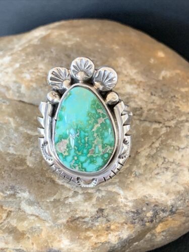 Women's Navajo Green Sonoran Turquoise Ring | Sterling Silver | Sz 9.5 | Authentic Native American Handmade | 10419