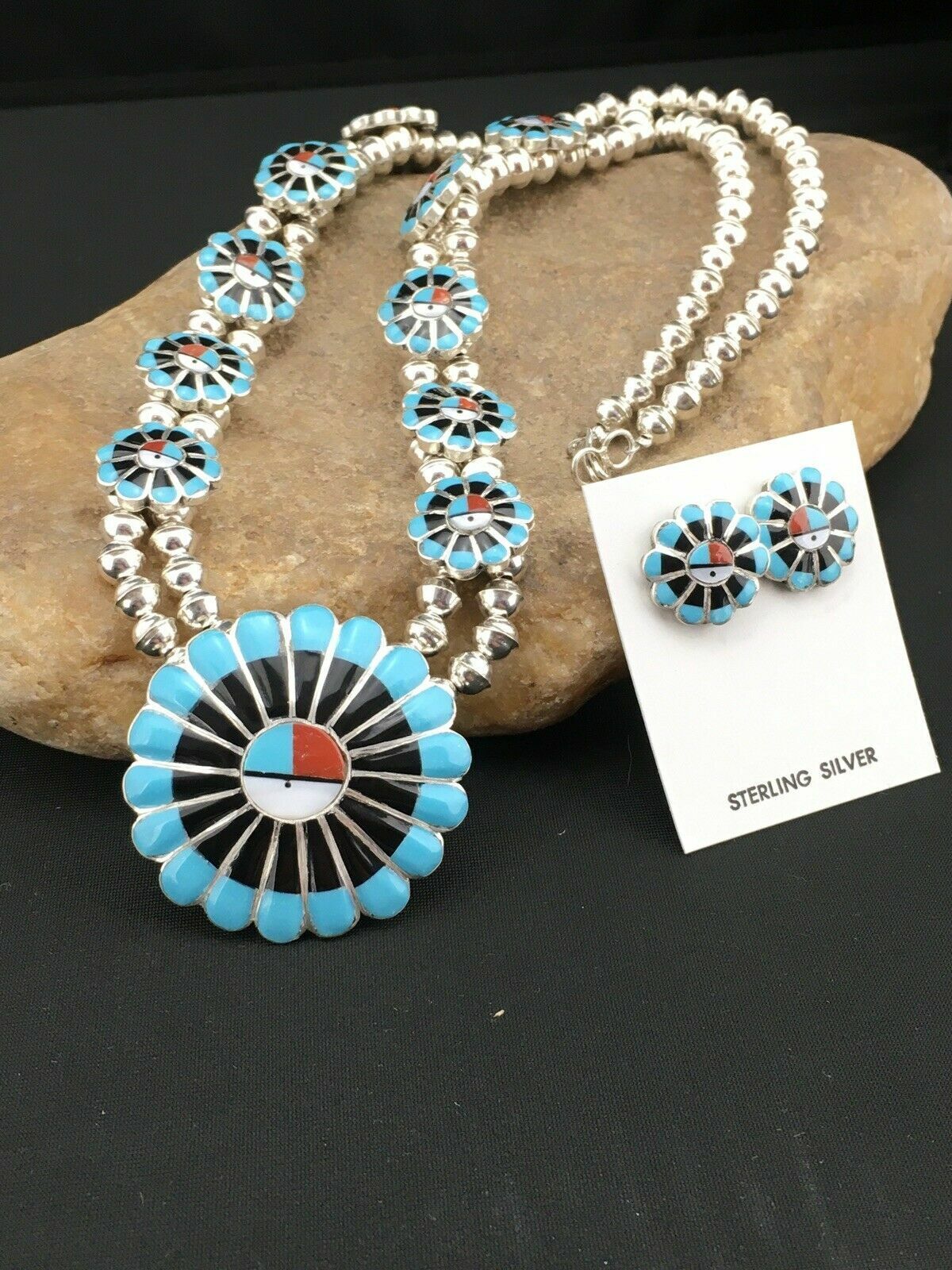 Zuni Sun Face Turquoise Inlay Sterling Silver Squash Blossom Necklace Set | Native American Handmade | 1308