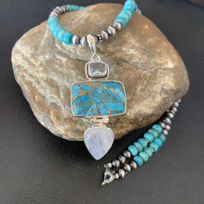 Navajo Pearls Necklace with Blue Mojave Turquoise Moon Pendant | Authentic Native American Sterling Silver | Multi-Stone | 11867