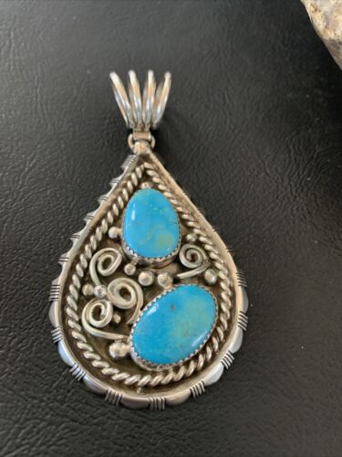 Navajo Blue Turquoise Cluster Pendant | Sterling Silver | 3" | Authentic Native American Handmade | 02103