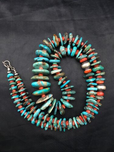 Navajo Turquoise & Spiny Oyster Graduated Necklace | Sterling Silver | Authentic Native American | 29" | 4362