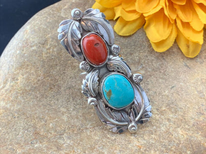 Navajo Royston Turquoise, Coral, and Multi-Stone Men's Ring | Authentic Native American Sterling Silver | Sz 8 | 1808