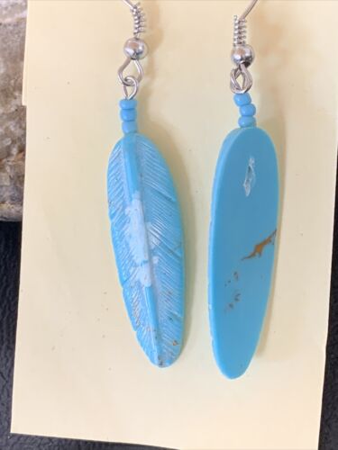 Navajo Turquoise Feather Slab Earrings | Sterling Silver Dangle | Authentic Native American Handmade | 12008