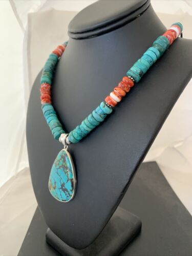 Navajo Pearls Spiderweb Spiny Oyster Turquoise Sterling Silver Necklace Pendant | Authentic Native American Handmade | 20"