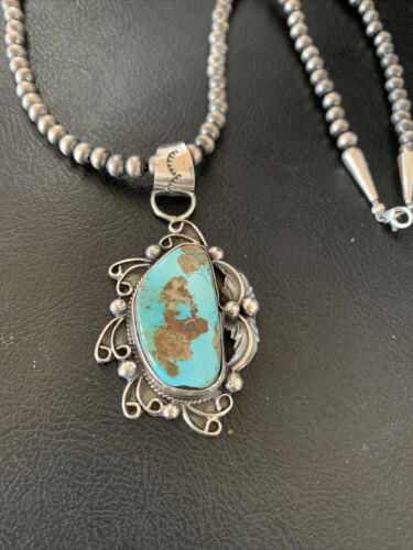 Men's Navajo Blue Dry Creek Turquoise Pendant | Sterling Silver | Pearl Necklace | Native American | 12973