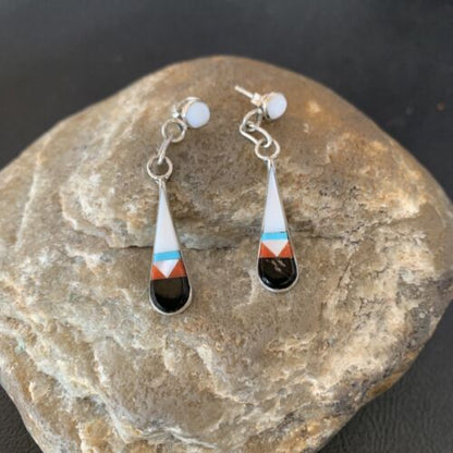Old Pawn Zuni Multi-Color Turquoise Onyx Inlay Earrings | Sterling Silver | Authentic Native American Handmade | 2043