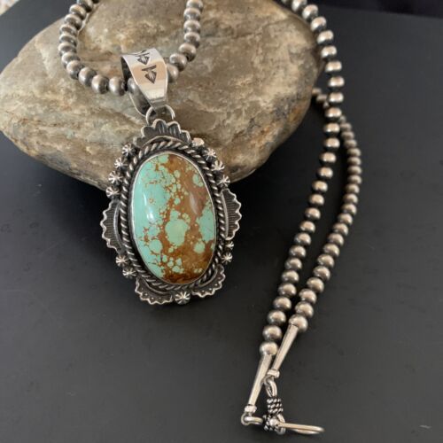 Navajo Pearls Sterling Silver Necklace with Blue Turquoise #8 Pendant | Authentic Native American Handmade | 11298