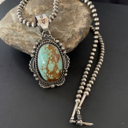 Navajo Pearls Sterling Silver Necklace with Blue Turquoise #8 Pendant | Authentic Native American Handmade | 11298
