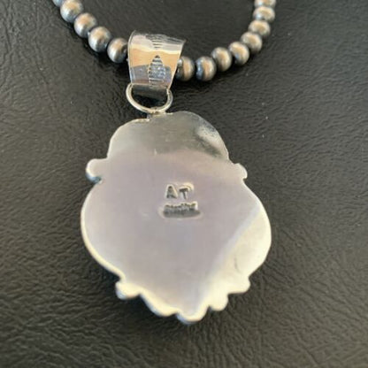 Men's Navajo Pearls Necklace with Blue Kingman Turquoise Pendant | Sterling Silver | Native American Handmade | 12593