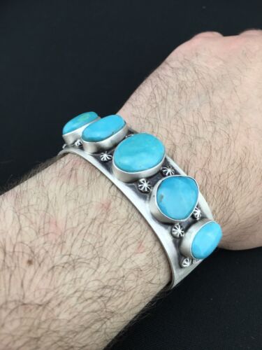 Navajo Men's Sterling Kingman Turquoise Bracelet | 5 Stone | Authentic Native American Handmade | 1304