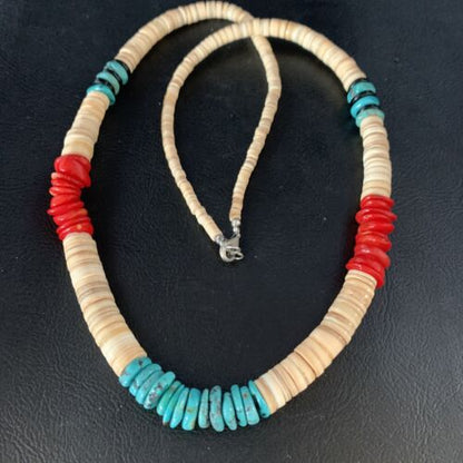 Authentic Native American Santo Domingo Necklace | Red Coral, Blue Turquoise, Onyx Shell | 22" | 13487