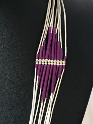 Native American Sugilite Heishi Tubes Necklace | 10 Strand Liquid Sterling Silver | 8561