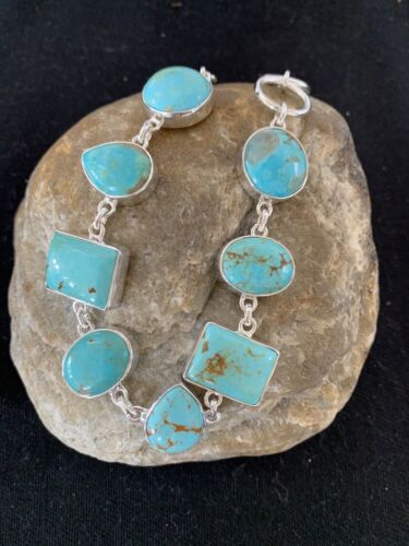 Native American Navajo Blue Turquoise Link Bracelet | Sterling Silver | 9" | 00666