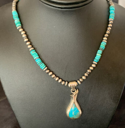 Navajo Pearl Necklace with Blue Turquoise Pottery Pendant | Sterling Silver | Authentic Native American Handmade | 12502