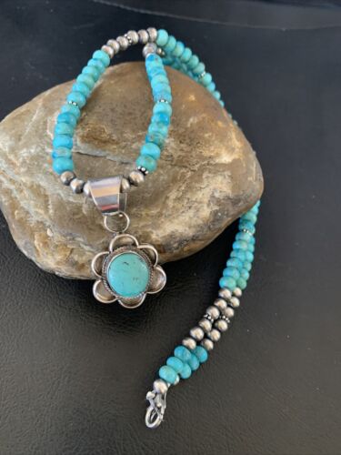 Navajo Blue Turquoise Pendant Necklace | Sterling Silver Pearls | Authentic Native American Handmade | 13220