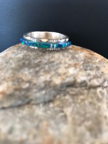 Southwestern Navajo Blue Opal Inlay Ring | Sterling Silver | Sz 7.5 | Authentic Native American Handmade | Yazzie | 10610
