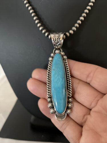 Navajo Men's Kingman Turquoise Pendant Necklace | Sterling Silver | Native American Handmade | 1069