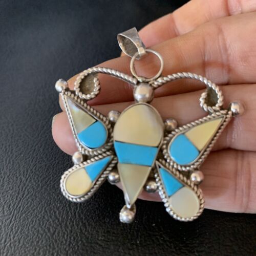 Zuni Butterfly Pendant Necklace | Turquoise & Yellow Mother of Pearl Inlay | Sterling Silver | 14208