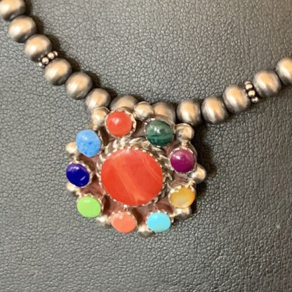 Southwestern Navajo Multi-Stone Necklace | Sterling Silver Coral & Turquoise Pendant | 21" | 12580