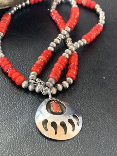 Navajo Bear Paw Red Coral Pendant Necklace | Sterling Silver | Authentic Native American Handmade | 11695
