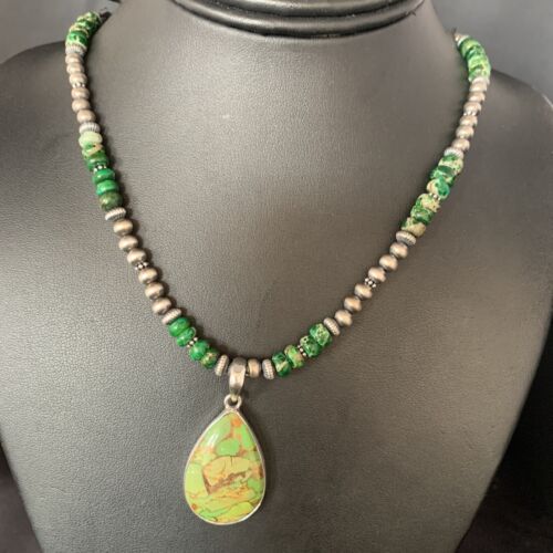 Navajo Green Mojave Turquoise Pendant Necklace | Sterling Silver | Native American Handmade | 13461