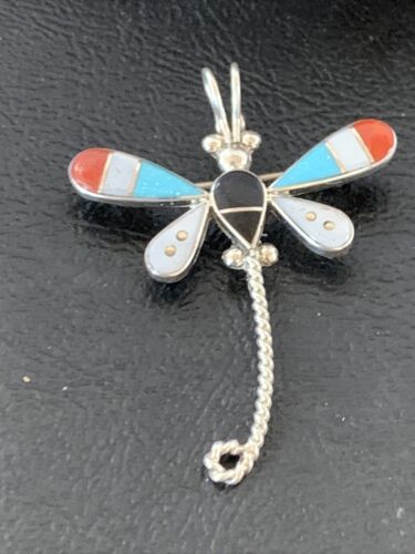 Zuni Turquoise White Mother of Pearl Inlay Dragonfly Necklace Pin Pendant | Sterling Silver | 12326