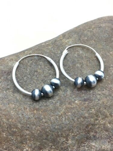 Navajo Sterling Silver Hoop Earrings | Authentic Native American Pearls | Handmade | 3108