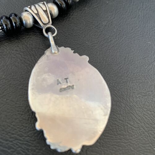 Native American Men's Navajo Pearl Necklace Pendant | Sterling Silver Black Onyx | 10805