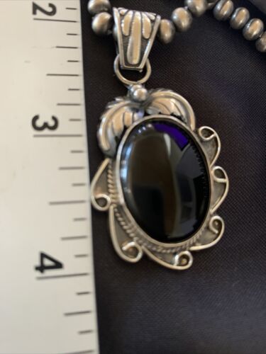 Native American Men's Navajo Pearls Necklace with Black Onyx Pendant | Sterling Silver | 13089