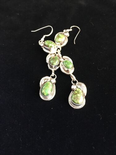 Navajo Green Sonoran Gold Turquoise 3" Dangle Earrings | Sterling Silver | Authentic Native American Handmade | 1732