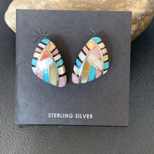 Navajo Mother of Pearl & Onyx Inlay Post Stud Earrings | Sterling Silver | Authentic Native American Handmade | 3746