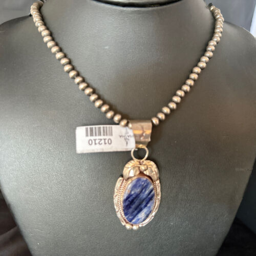 Navajo Denim Lapis Pendant Necklace | Sterling Silver Beads | Authentic Native American Handmade | 1210 - Masha USA