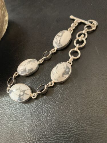 Native American Sterling Silver Smoky Quartz White Howlite Link Bracelet | 8" | 11656
