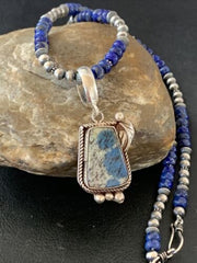 Men's Navajo Pearls Lapis Necklace with Azurite Pendant | Sterling Silver | Authentic Native American Handmade | 01931