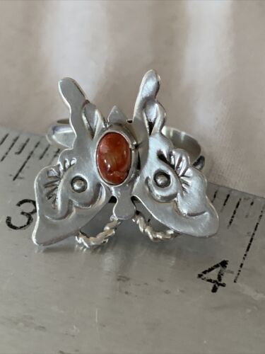 Navajo Red Spiny Oyster Butterfly Ring | Sterling Silver | Adj Sz 7 | Authentic Native American Handmade | 10678